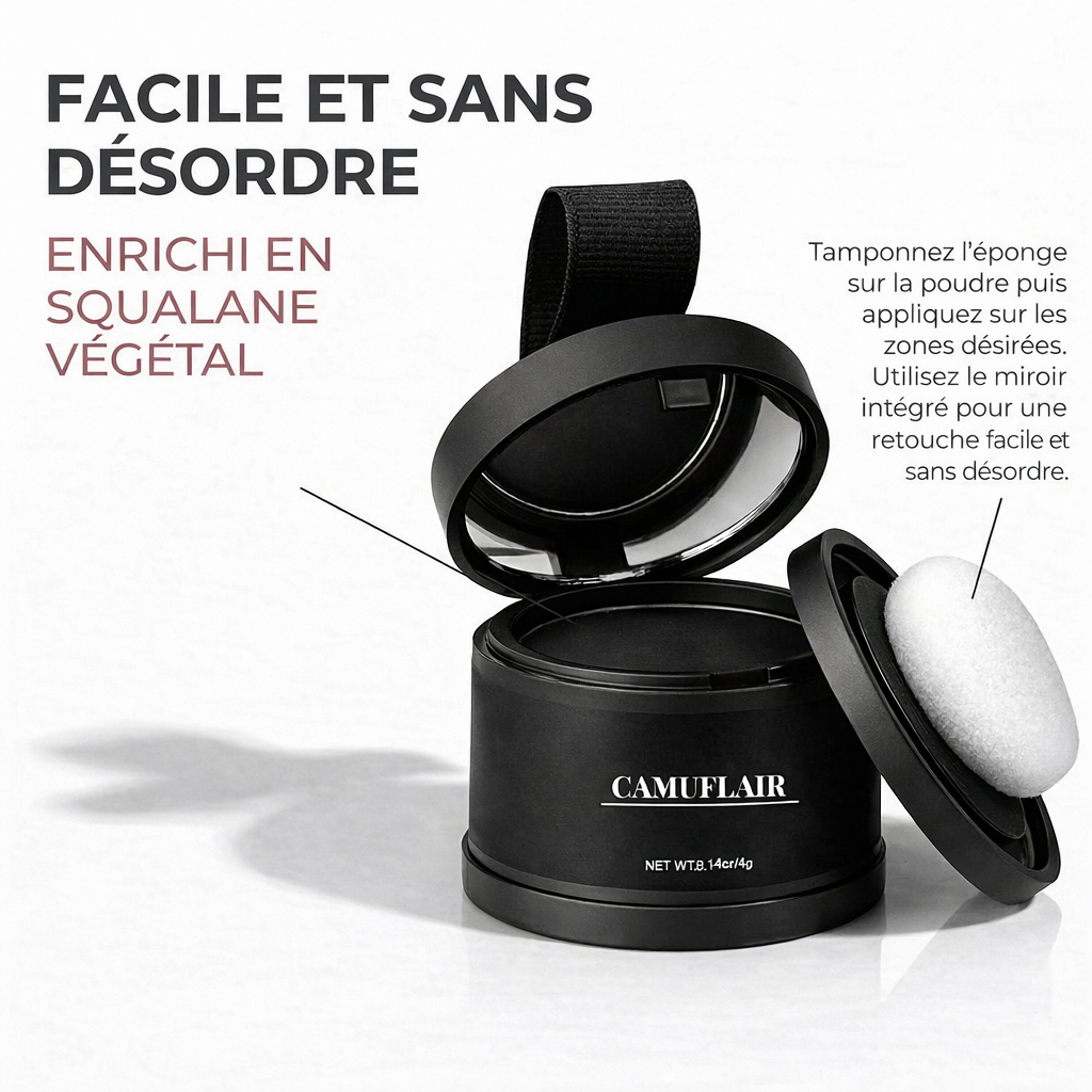 Infographie explicative de la poudre capillaire CAMUFLAIR montrant une application facile et sans désordre. Détail de la formule enrichie en squalane végétal et instructions d'utilisation avec l'éponge et le miroir intégré